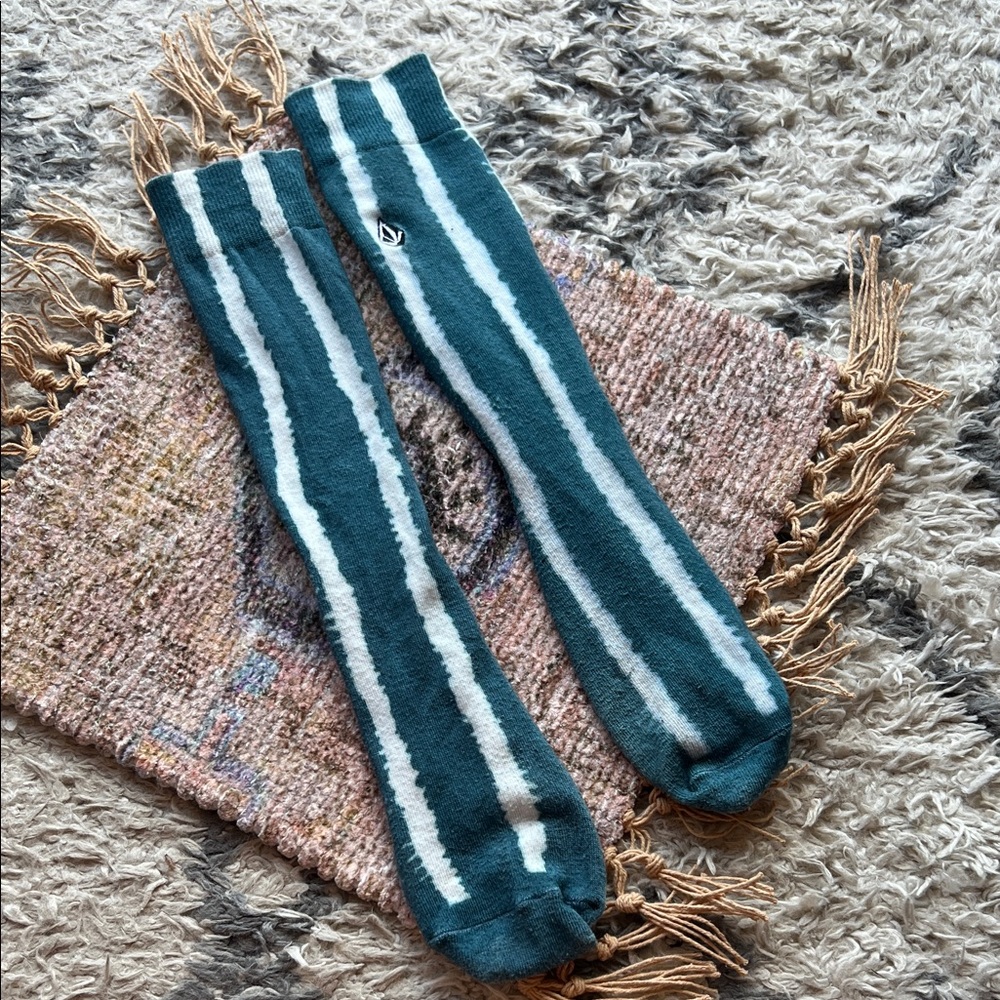 Teal and White Striped Volcom Socks